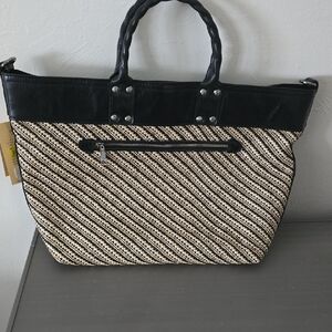 Patricia Nash Black and Tan Striped Tote